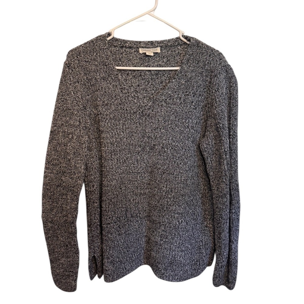 Coldwater Creek Womens PXL Black White Marled Cotton V-Neck Sweater Side‎ Slit